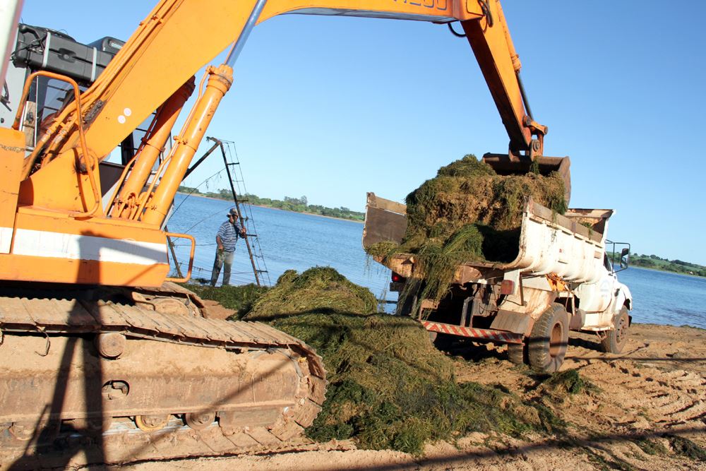 Remoção da algas no lago do reservatório da Usina de Três Irmãos, em toda a extensão da Praia Municipal Pôr-do-sol.