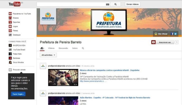 Pagina do YouTube Prefeitura