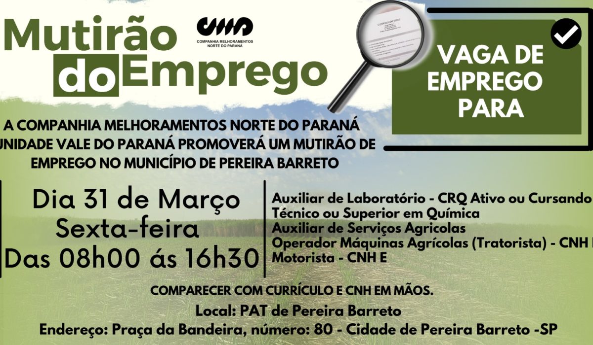 PAT realiza nesta sexta-feira (31) mais um mutirão de empregos em Pereira Barreto