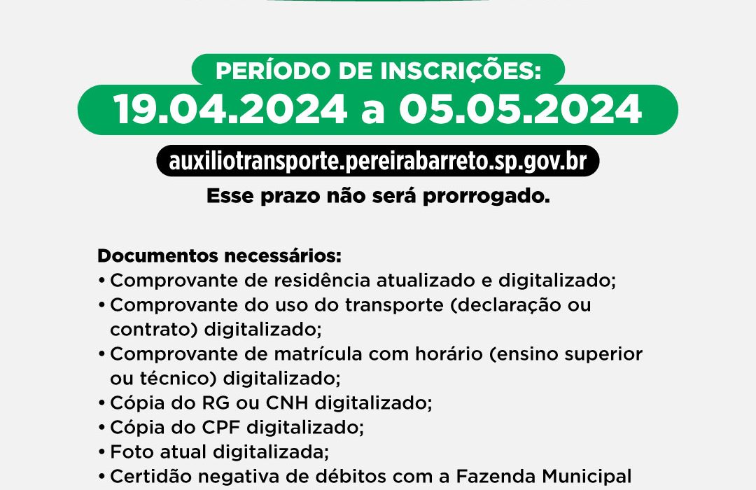 Estão abertas as inscrições para cadastro de estudantes para recebimento do Auxílio Transporte da Prefeitura de Pereira Barreto