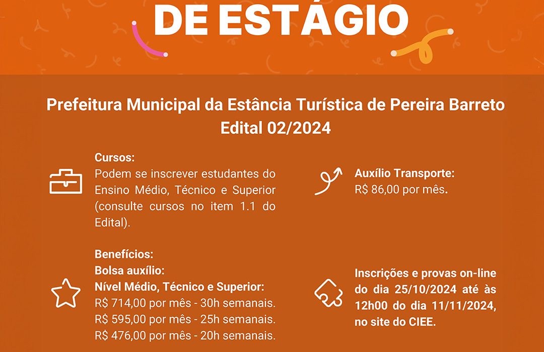 Prefeitura de Pereira Barreto abre vagas de estágio para estudantes de ensino médio, técnico e superior