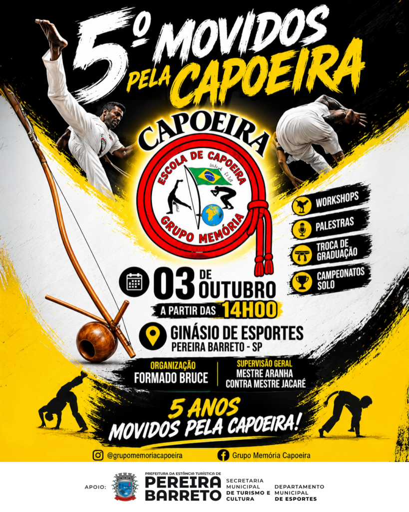 Pereira Barreto recebe 5º Encontro “Movidos pela Capoeira” no dia 3 de outubro