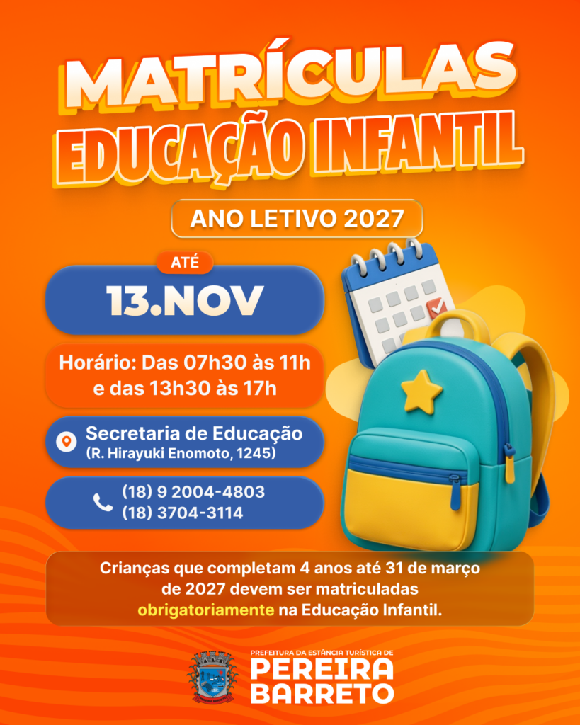 Prefeitura de Pereira Barreto abre novas oportunidades de matrículas para a rede municipal